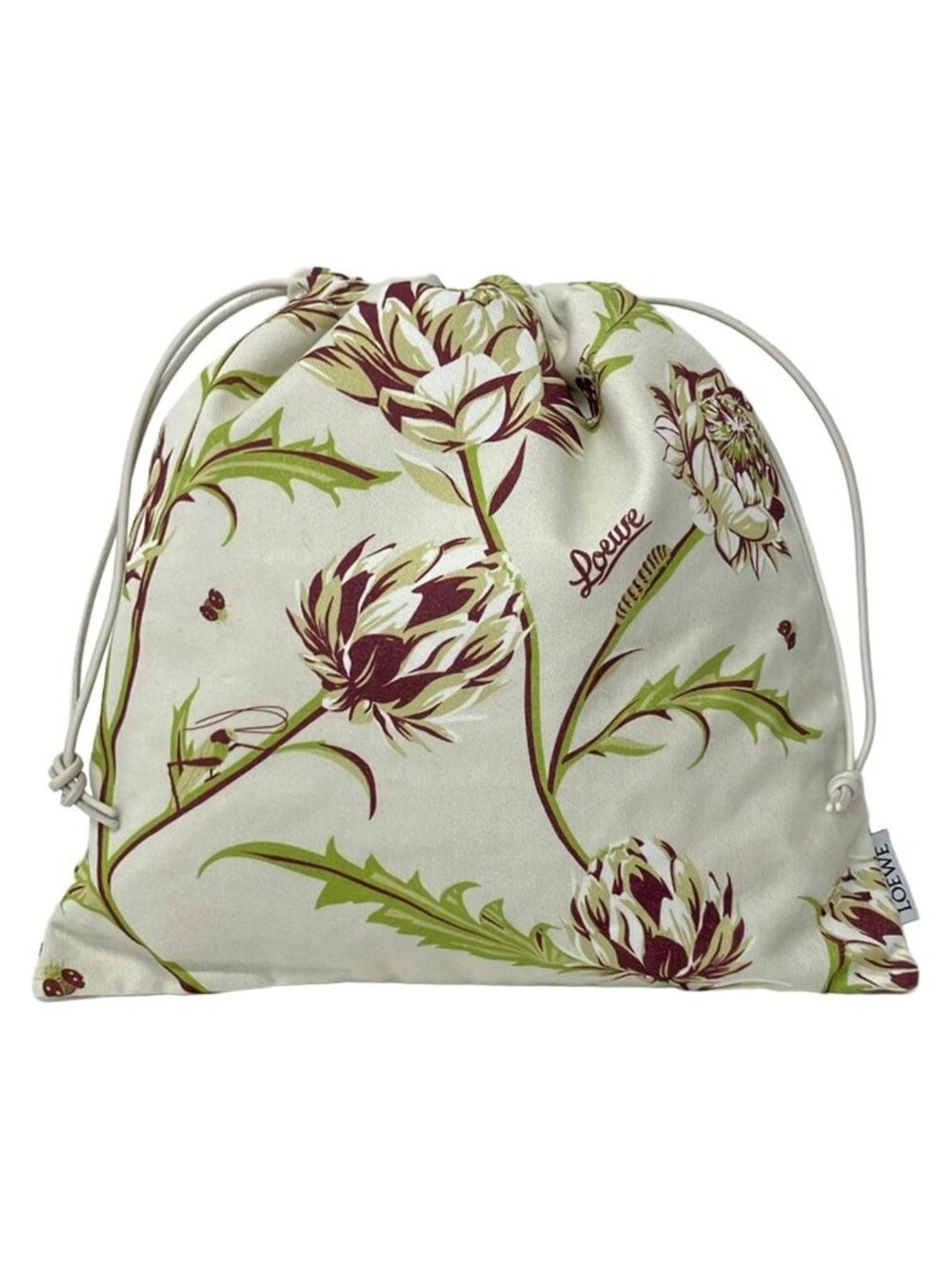 Loewe Pouch Drawstring Ivory Light Green Multi Plant Pattern Cotton Leather